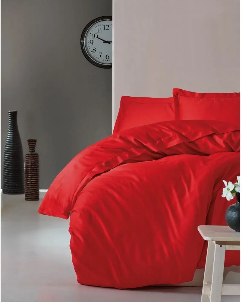 Lenjerie cu cearceaf pentru pat dublu, din bumbac satinat Cotton Box Elegant Red, 200 x 220 cm, roșu
