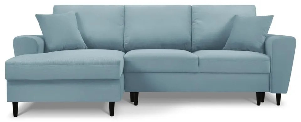 Colțar albastru deschis extensibil, cu spațiu de depozitare cu tapițerie din catifea reiată (cu colț pe partea stângă, cu șezlong) Kyoto – Cosmopolitan Design