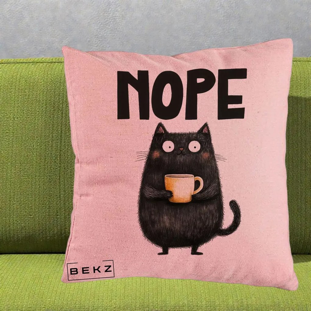 Perna Decorativa NOPE Pisica Neagra Cafea, 40x40 cm, Roz, Husa Detasabila, Perna Inclusa, BEKZ®