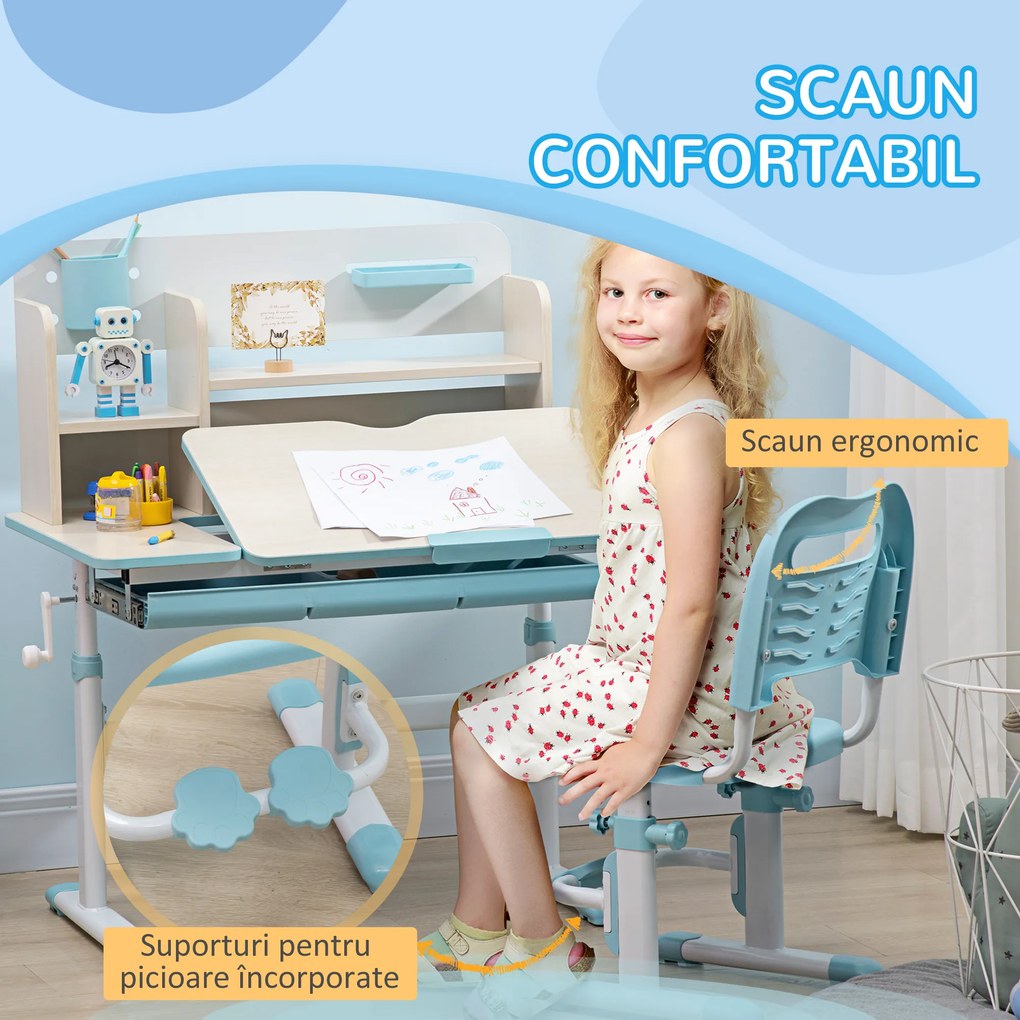 HOMCOM Set Birou și Scaun pentru Copii Reglabile, Inclinabilă la 60° cu Sertar, Rafturi și Suport, 3+ Ani, Albastru | Aosom Romania