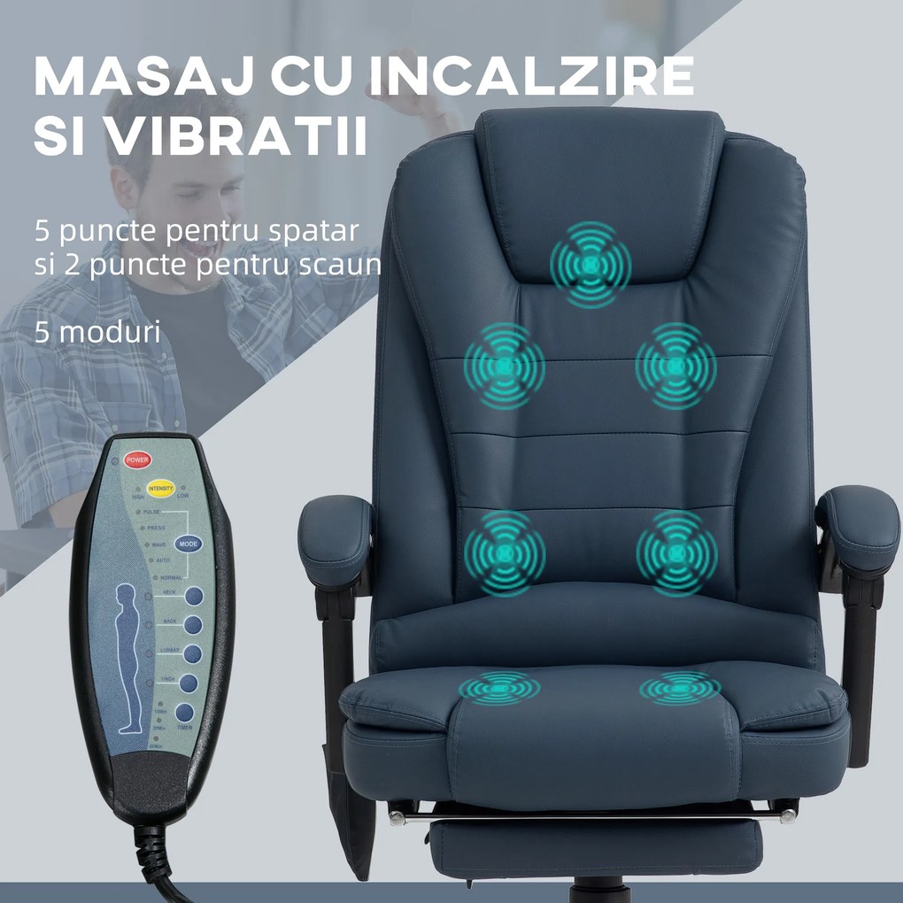 Vinsetto Scaun Birou Ergonomic Fotoliu de Birou Ergonomic cu 7 Puncte de Masaj Suport Picioare Reglabil 67x67x111-121 cm Albastru | Aosom Romania