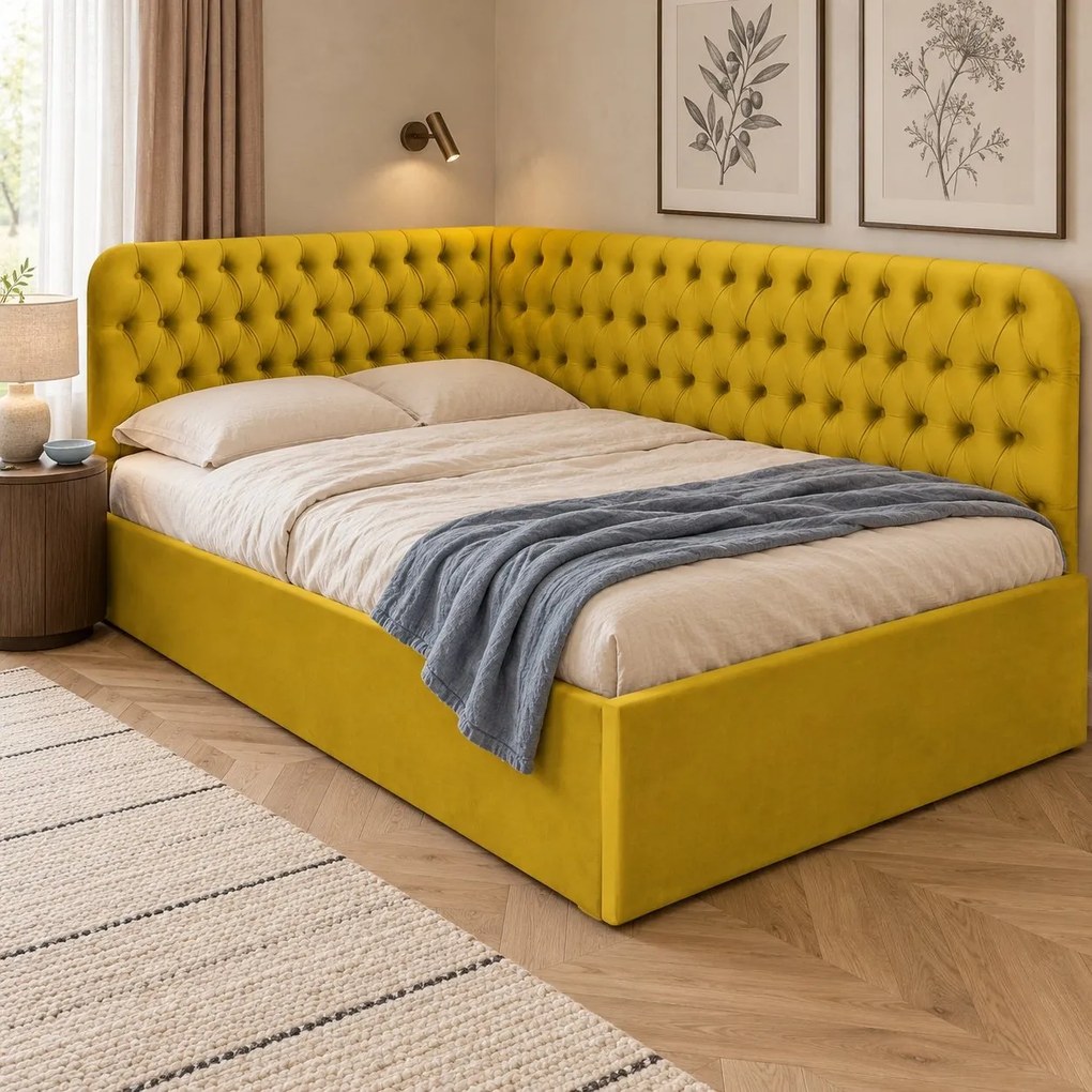 Pat tapițat pentru copii din catifea Elyra 140×200 cm, galben muștar, colț dreapta, cu ladă de depozitare