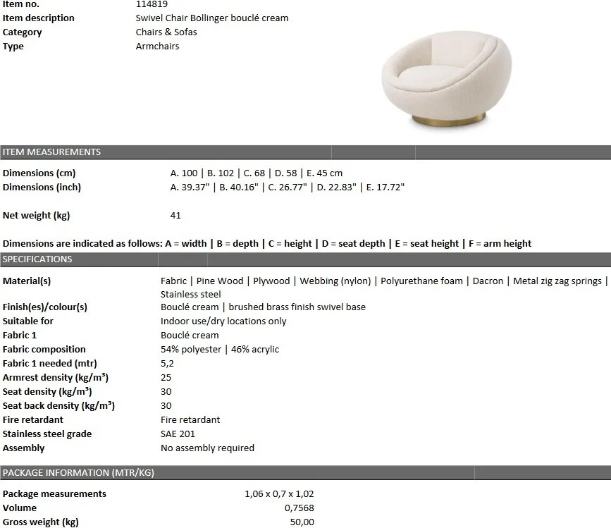 Fotoliu pivotant design elegant Bollinger, crem boucle 114819 HZ