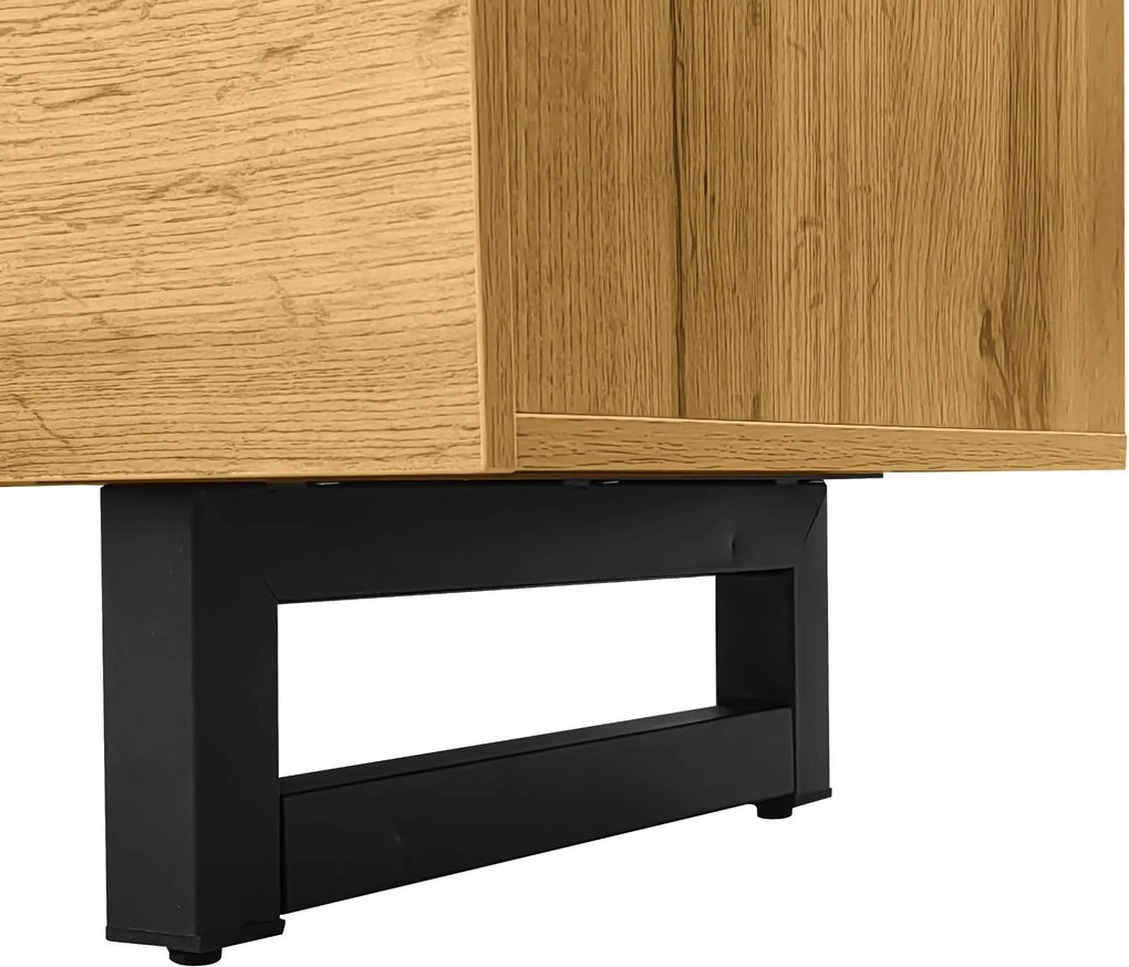 Comodă TV cu 3 uși și 2 compartimente, picioare metalice tip U, 170x36,5x42 cm, Culoare naturală