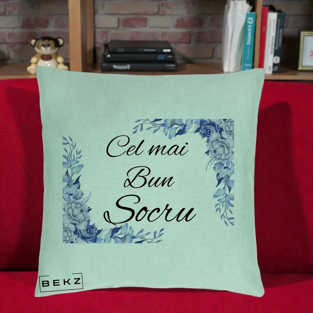 Cadou pentru Socru - Perna Personalizata Cel mai Bun Socru cu Flori Albastre Acuarela, 40x40 cm, Verde Menta, Husa Detasabila, Perna Inclusa, BEKZ®