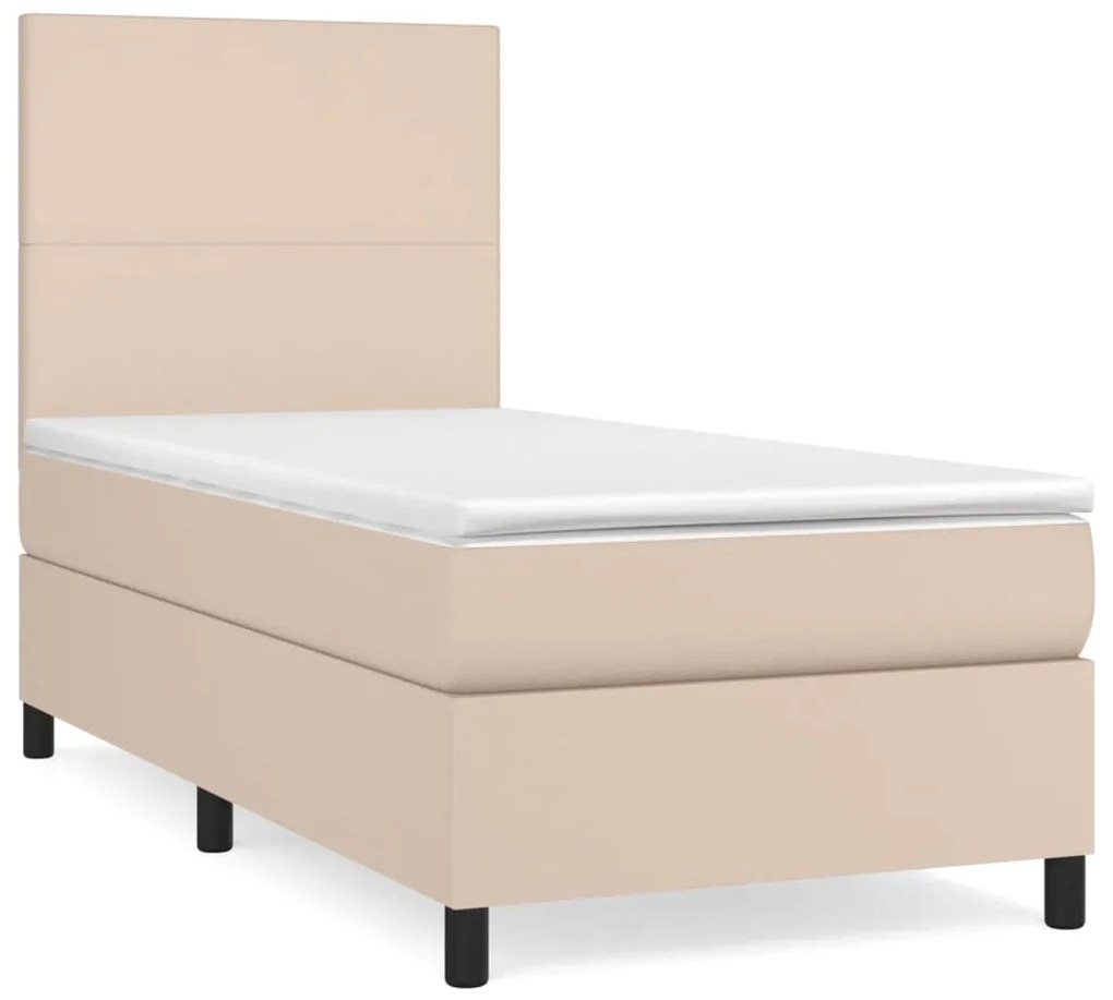 3142700 vidaXL Pat box spring cu saltea, cappuccino, 90x190 cm piele ecologică