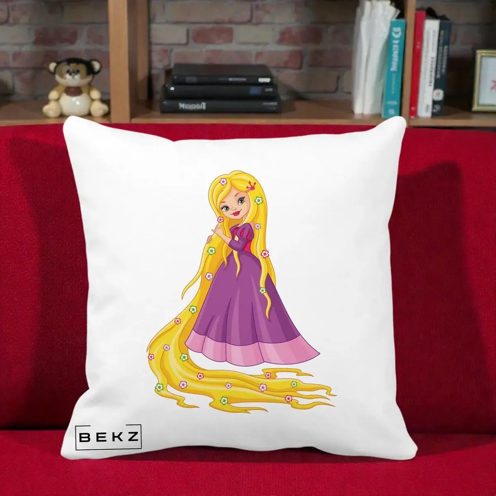 Perna Personalizata Rapunzel Par Lung Floral, 40x40 cm, Alba Mata, Husa Detasabila, Perna Inclusa, BEKZ®