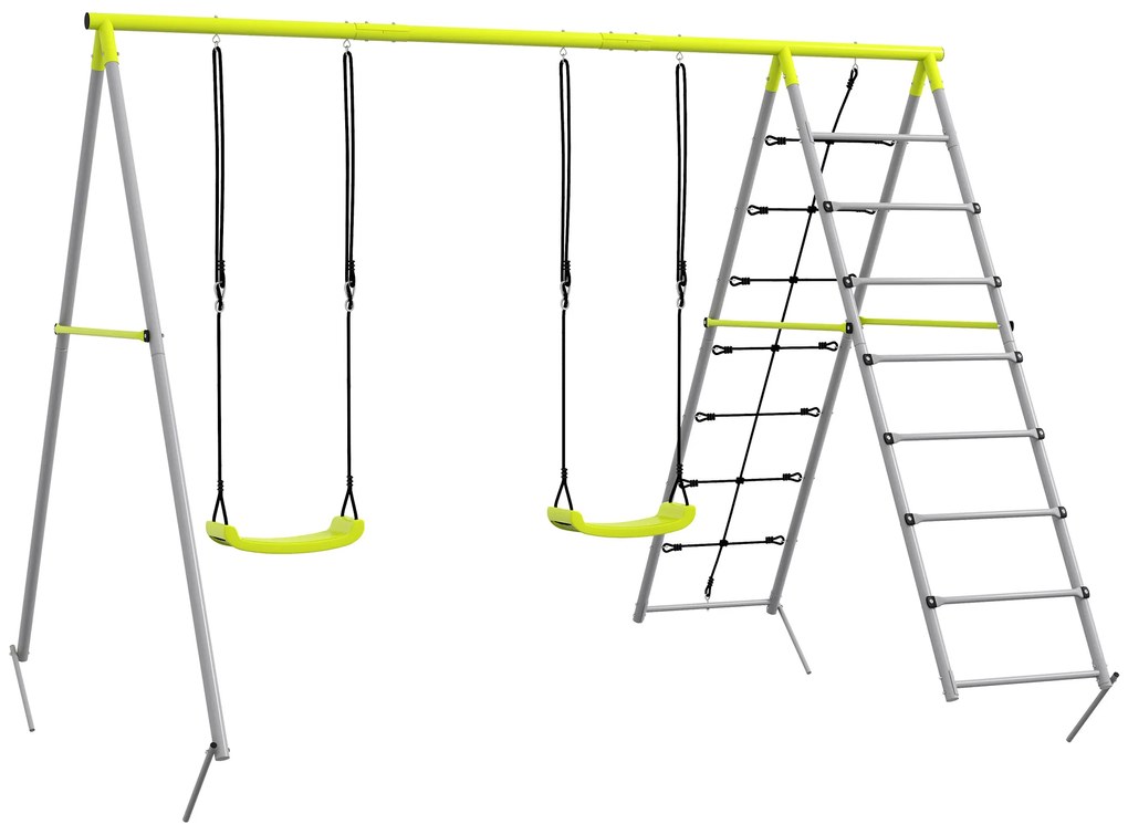 Outsunny 4 în 1 balansoar portic pentru copii cu 2 șezlonguri de balansoar, scară cățărătoare și plasă de escaladă verde | Aosom Romania