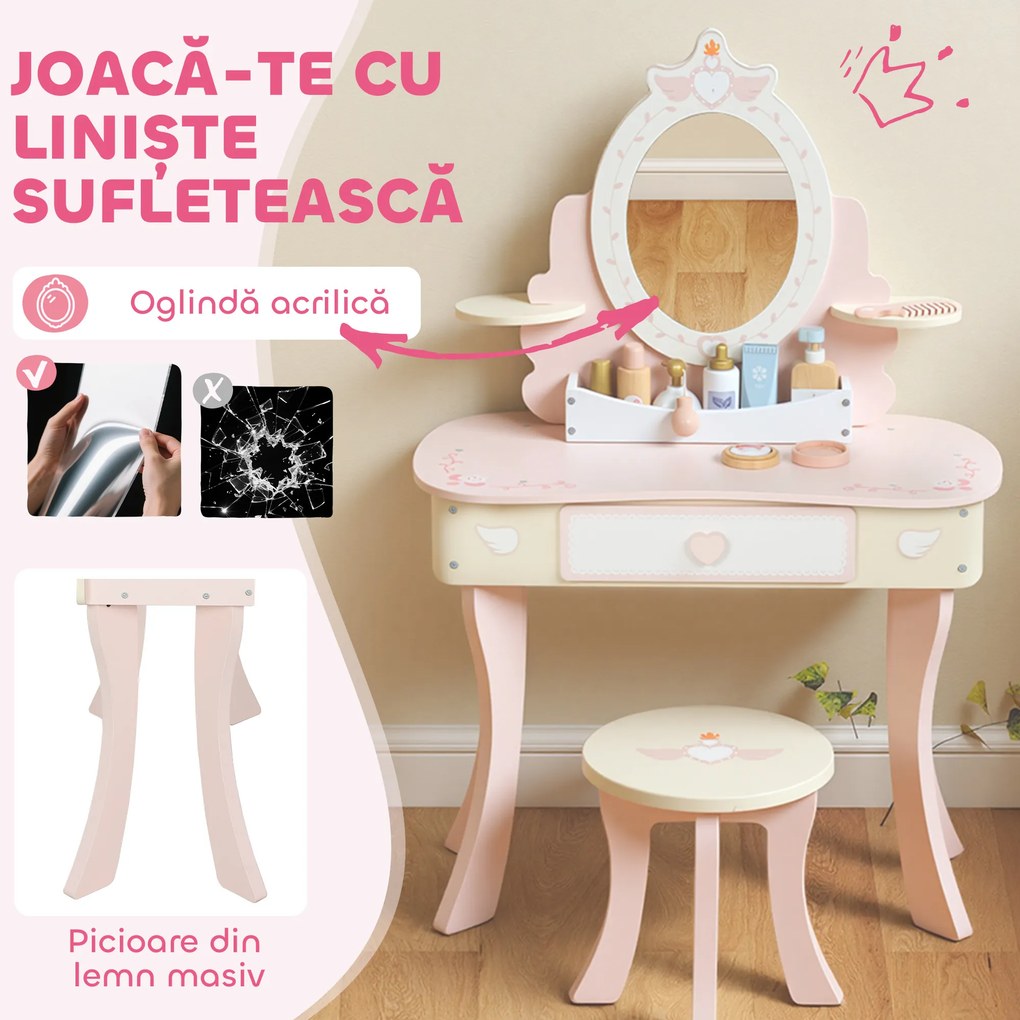 AIYAPLAY Set Masă de Toaletă pentru Copii cu Oglindă și Scaunel, 7 Accesorii de Joc, Sertar, Depozitare pe Birou, Roz | Aosom Romania