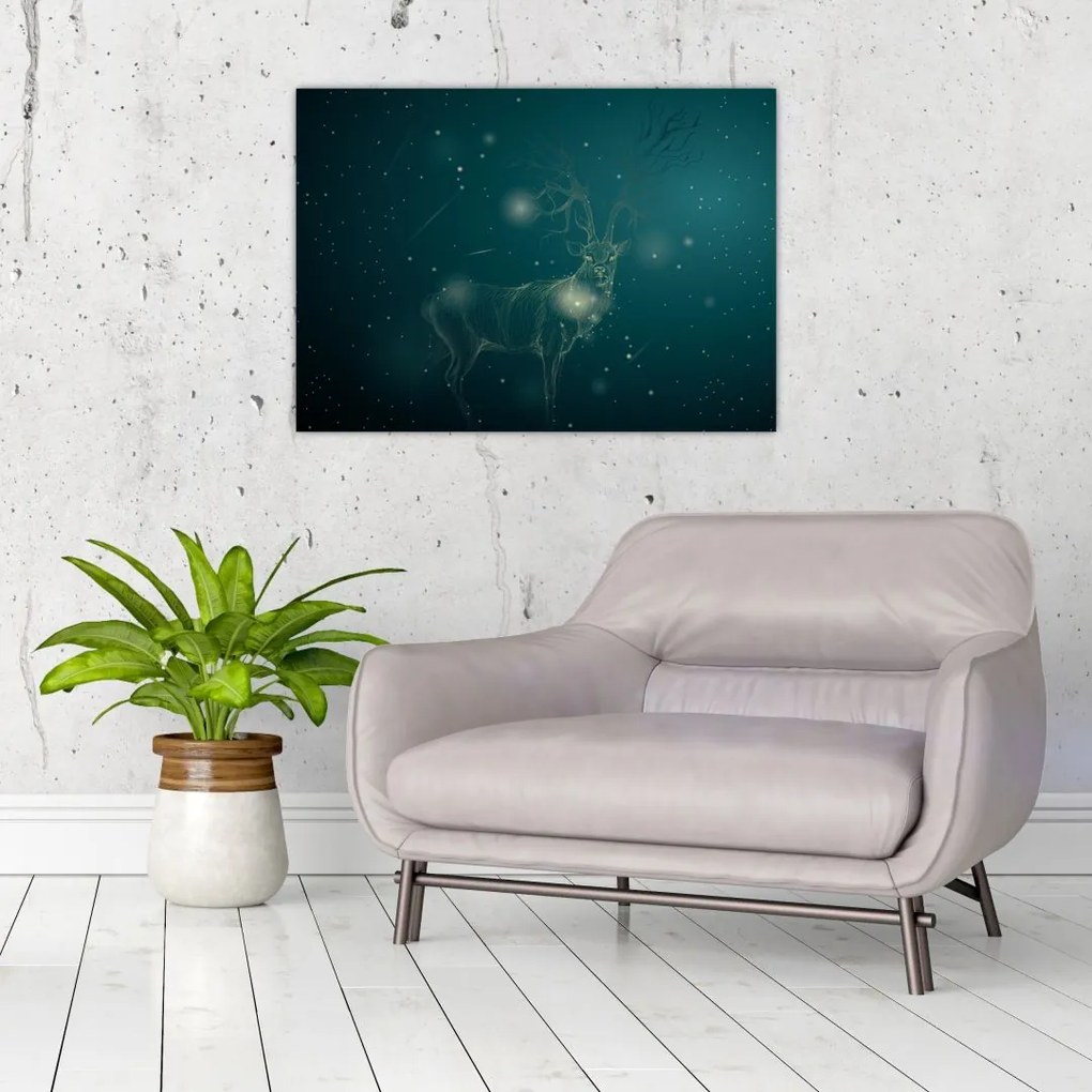 Tablou pe sticlă - Cerb magic noaptea (70x50 cm)