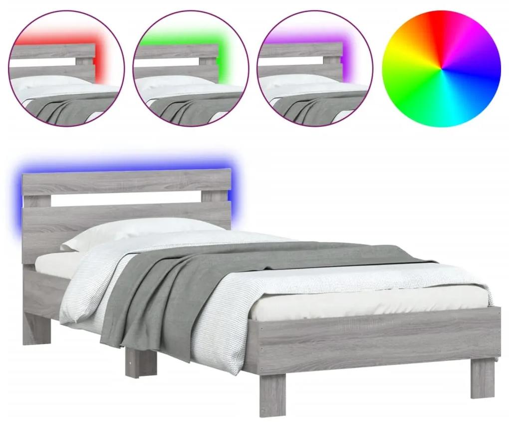 838748 vidaXL Cadru de pat cu tăblie și lumini LED, gri sonoma, 90x190 cm