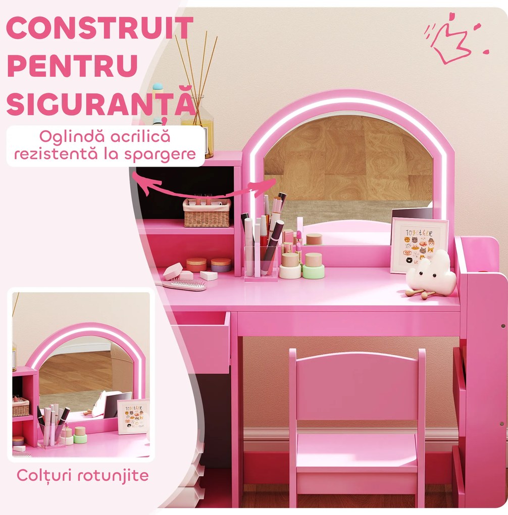 AIYAPLAY Set masă și scaun de machiaj pentru copii, cu lumini LED, MDF, Acril, 88.6 x 38.8 x 96.9, Roz | Aosom Romania