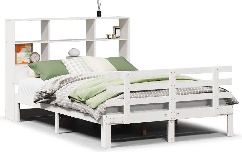 vidaXL Pat cu bibliotecă fără saltea, alb, 140x190 cm, lemn masiv pin