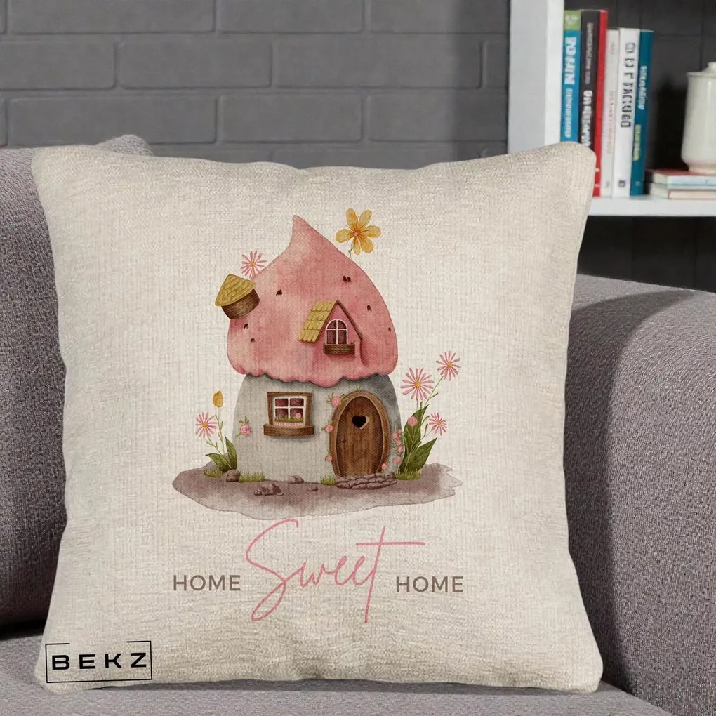Perna Decorativa Home Sweet Home Casuta, 40x40 cm, Bej Canapea, Husa Detasabila, Perna Inclusa, BEKZ®