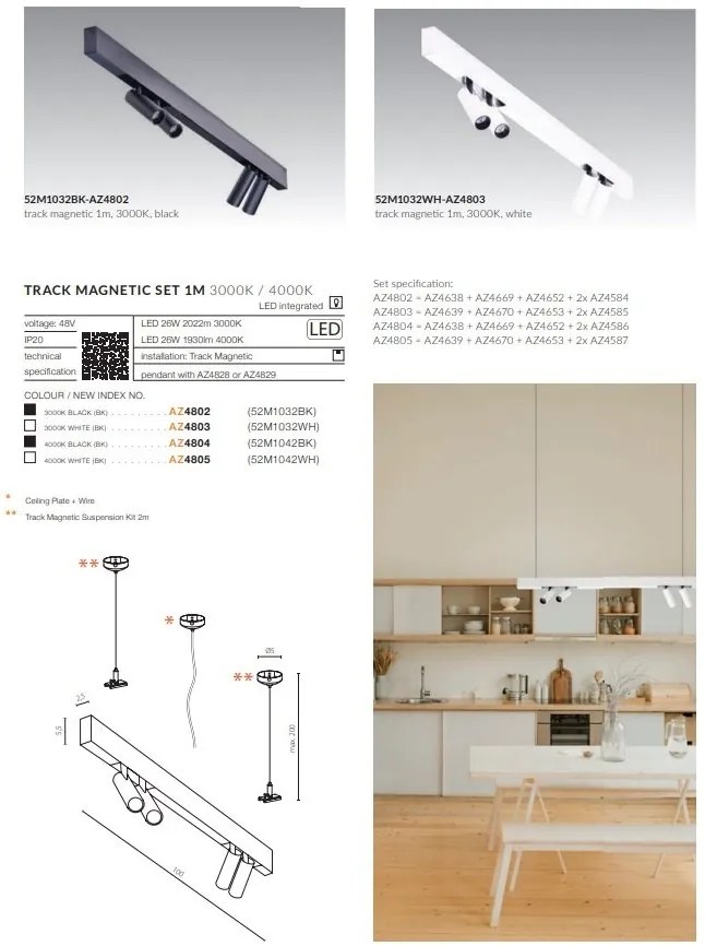 Set un metru sina magnetica monofazata cu iluminat inclus Alfa 52M1032BK negru, 3000K