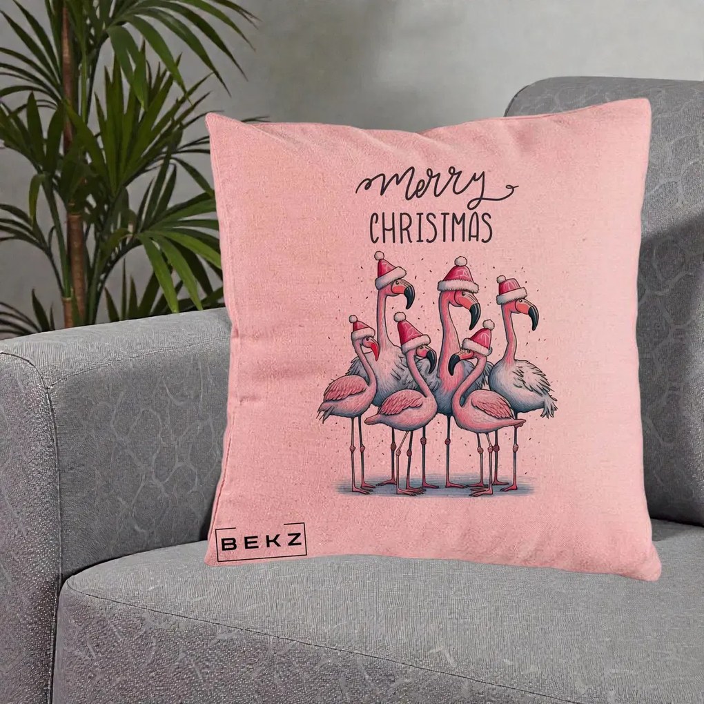 Perna Decorativa Flamingo Merry Christmas, 40x40 cm, Roz, Husa Detasabila, Perna Inclusa, BEKZ®