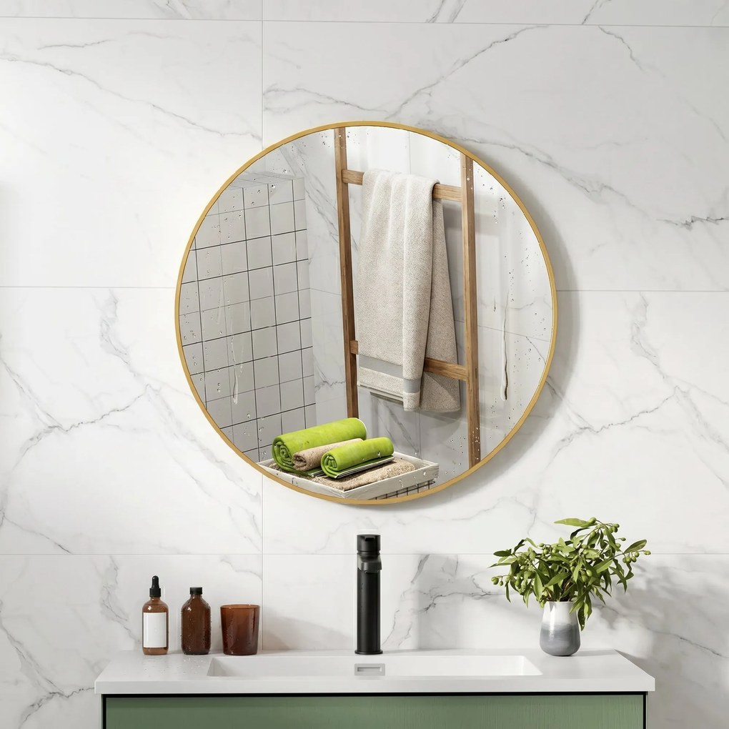 HOMCOM Oglindă Rotundă pentru Baie, din Sticlă și Oțel, Ø70x2.5 cm, culoare Auriu | Aosom Romania