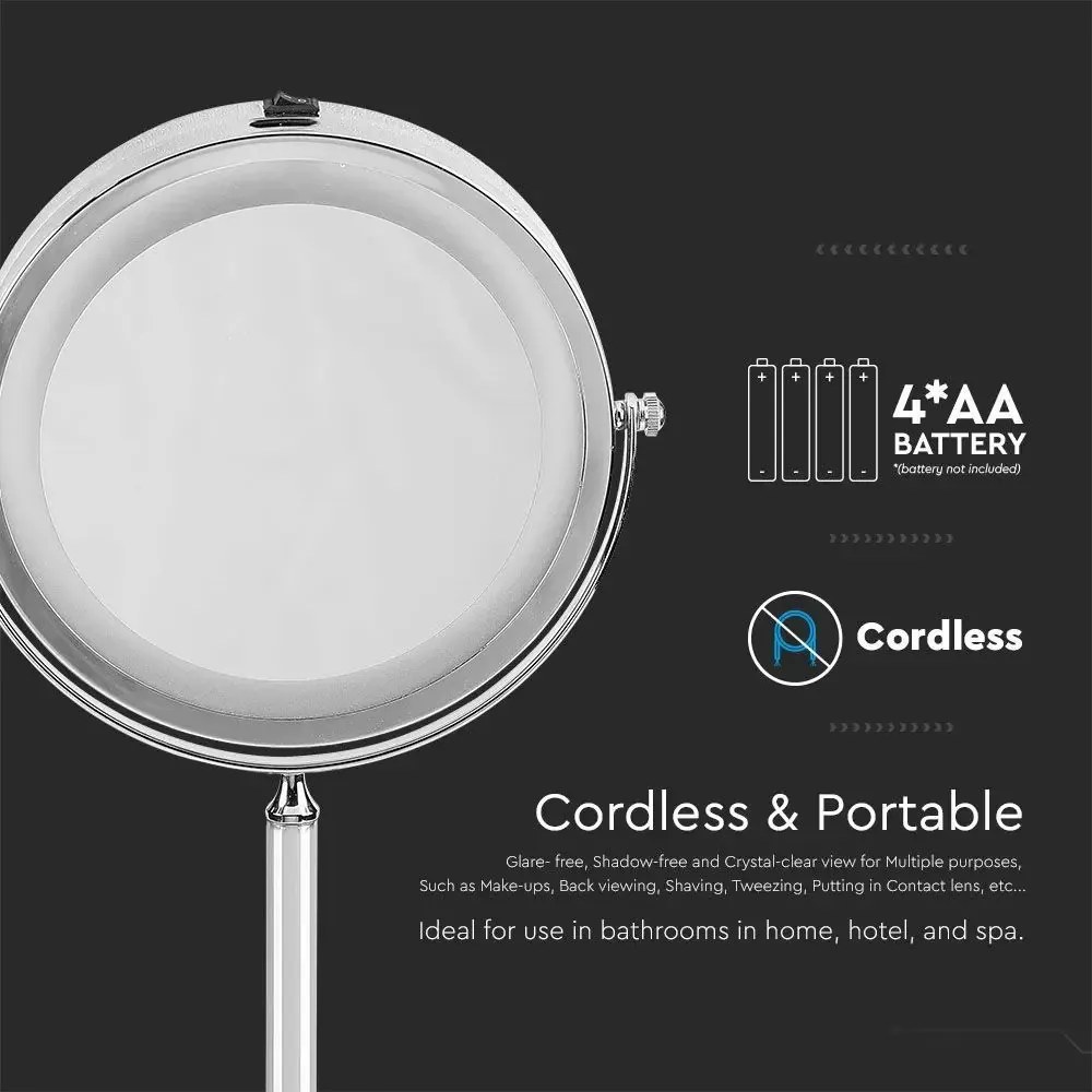 Oglinda dubla LED pentru machiaj 6629-VT, marire 1X sau 3X, stativ crom, alimentare cu baterii, V-TAC