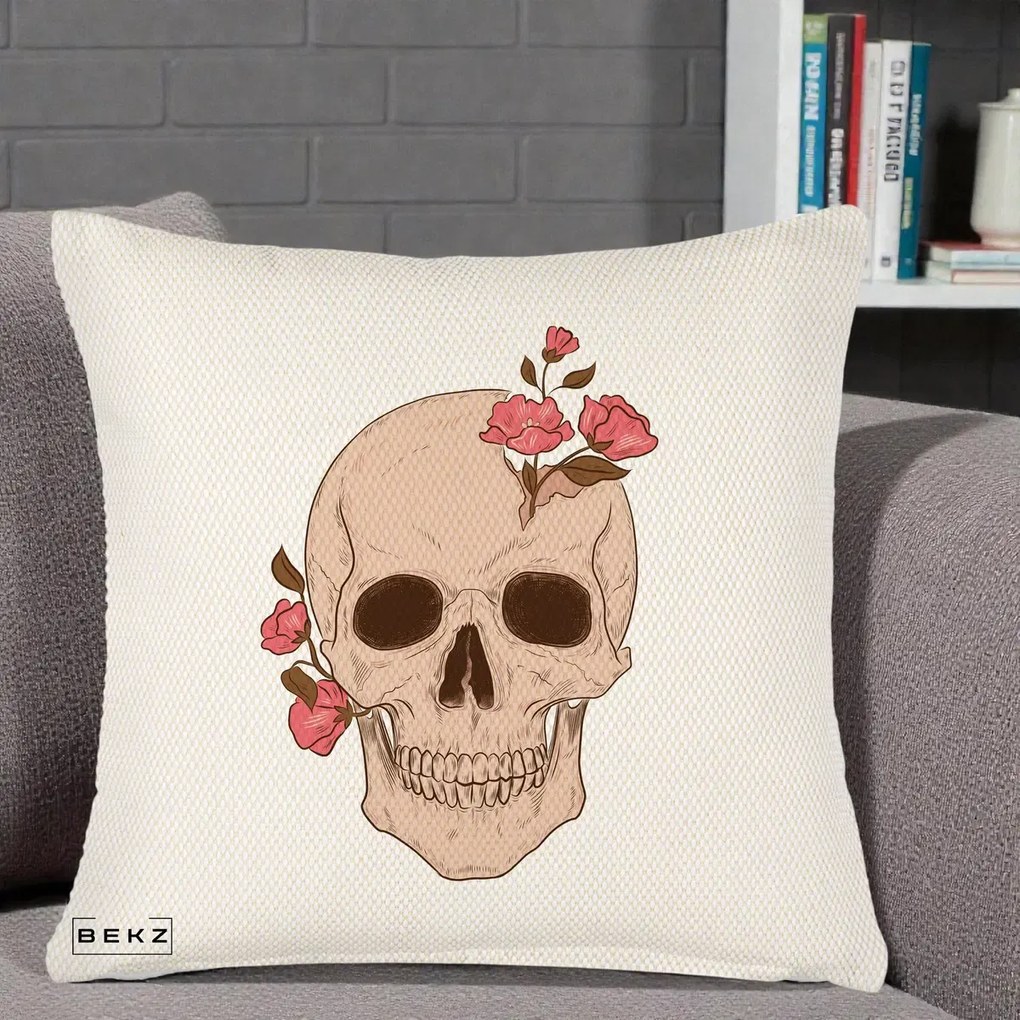 Perna Decorativa Craniu Floral Gothic, 40x40 cm, Crem Reliefat, Husa Detasabila, Perna Inclusa, BEKZ®