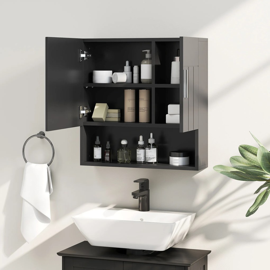 kleankin Dulap cu Oglindă pentru Baie 2 Uși și Raft Deschis 54x15.2x55.3 cm Negru | Aosom Romania