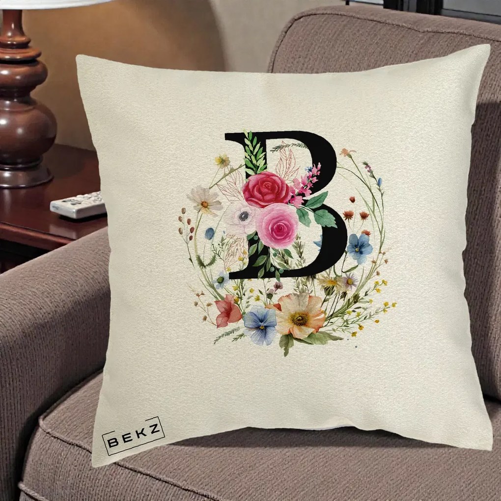 Cadou Personalizat - Perna Personalizata Monogram Litera B cu Flori Acuarela, 40x40 cm, Ecru, Husa Detasabila, Perna Inclusa, BEKZ®