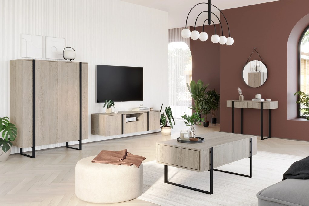 Comodă înaltă Verica 120 cm cu două uși - stejar biscuiți / picioare negre