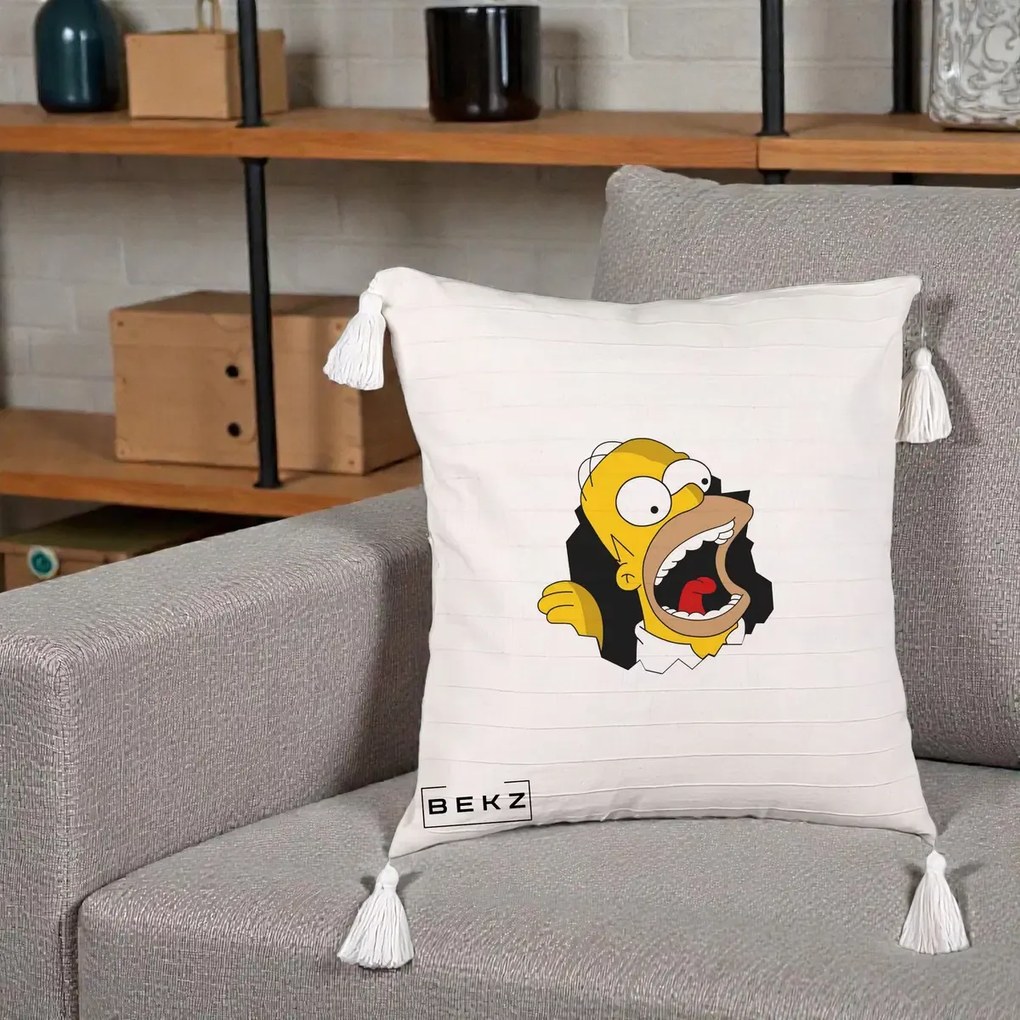 Perna Personalizata Homer Simpson Surpriza, 40x40 cm, Bej cu Franjuri, Husa Detasabila, Perna Inclusa, BEKZ®