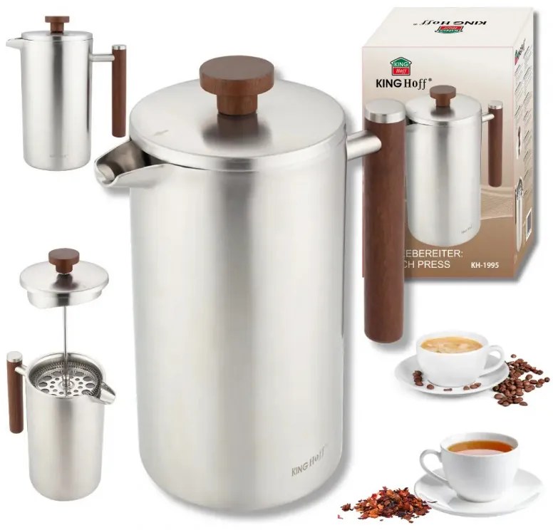 Presă franceză pentru cafea / ceai Kinghoff KH 1995, 1 l, Oțel inoxidabil, Pereți dubli, Inox