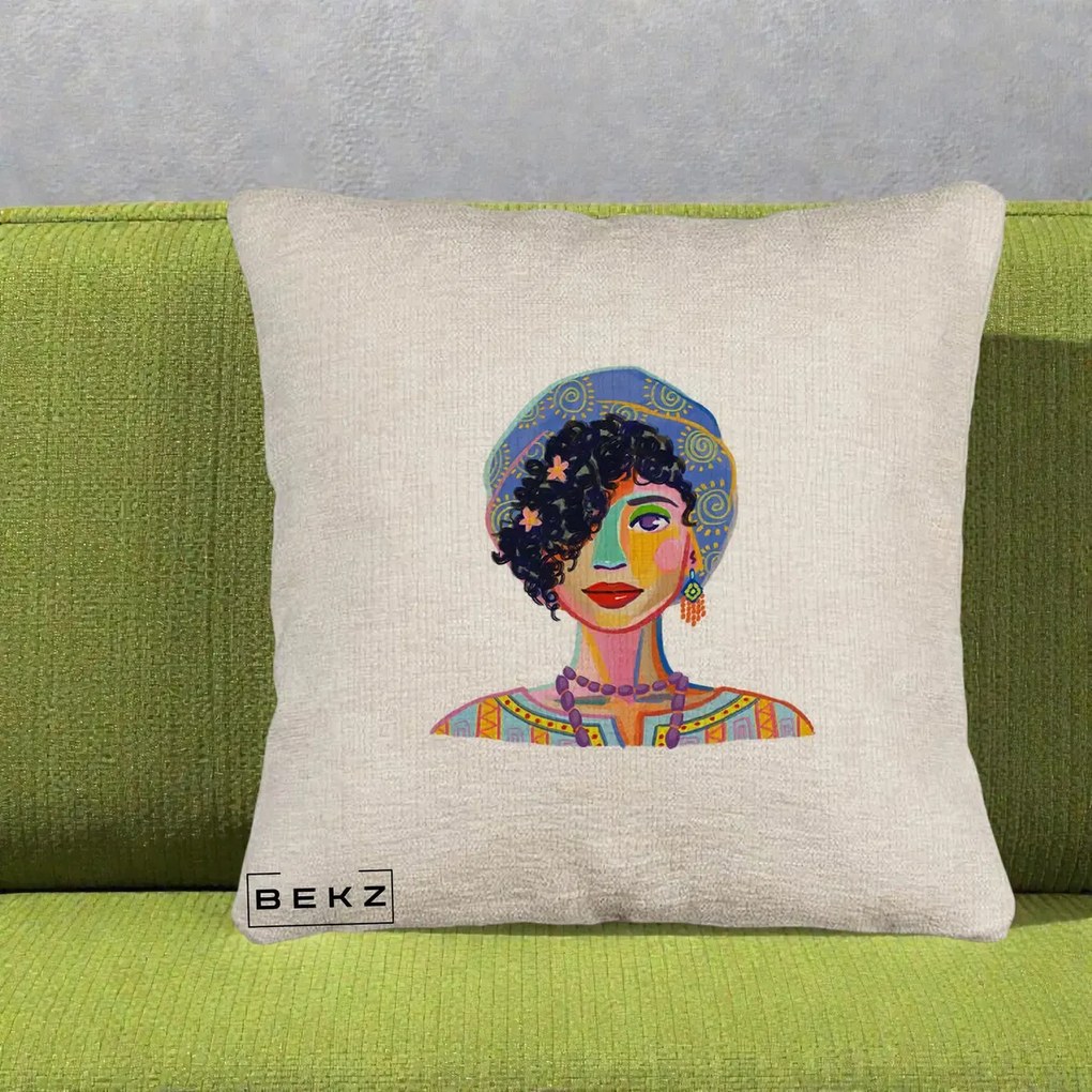 Perna Decorativa Portret Femeie Etnic Colorat, 40x40 cm, Bej Canapea, Husa Detasabila, Perna Inclusa, BEKZ®