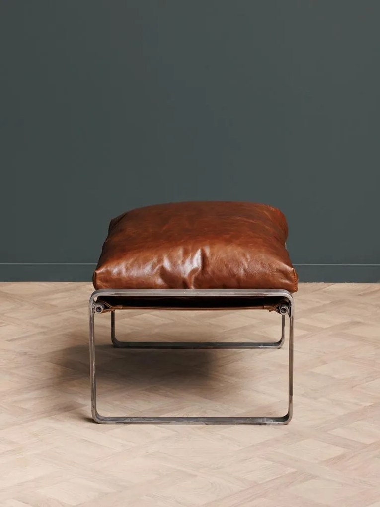 Taburet pentru picioare din piele naturală full grain, maro, cu cadru din bandă de metal, 40 x 69 x 46 cm, „Homy”