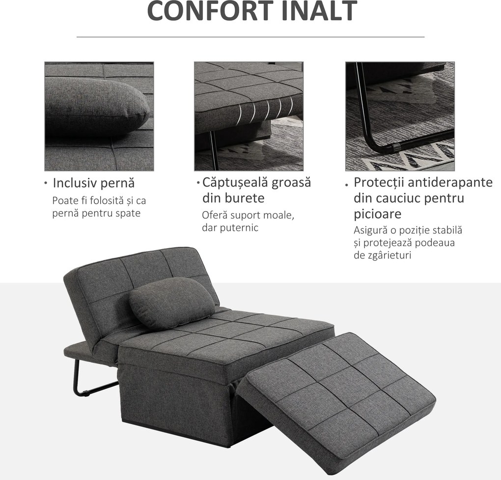 HOMCOM Canapea extensibilă cu Spătar Reglabil pe 5 Nivele și Pernă Suplimentară, 95x179x78 cm, Gri | Aosom Romania