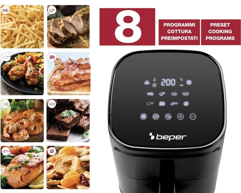 Resigilat: Friteuza cu aer cald Air Fryer Beper P101FRI051, 1400 W, 5 L, 8 programe, 80-200°C, Timer, Negru