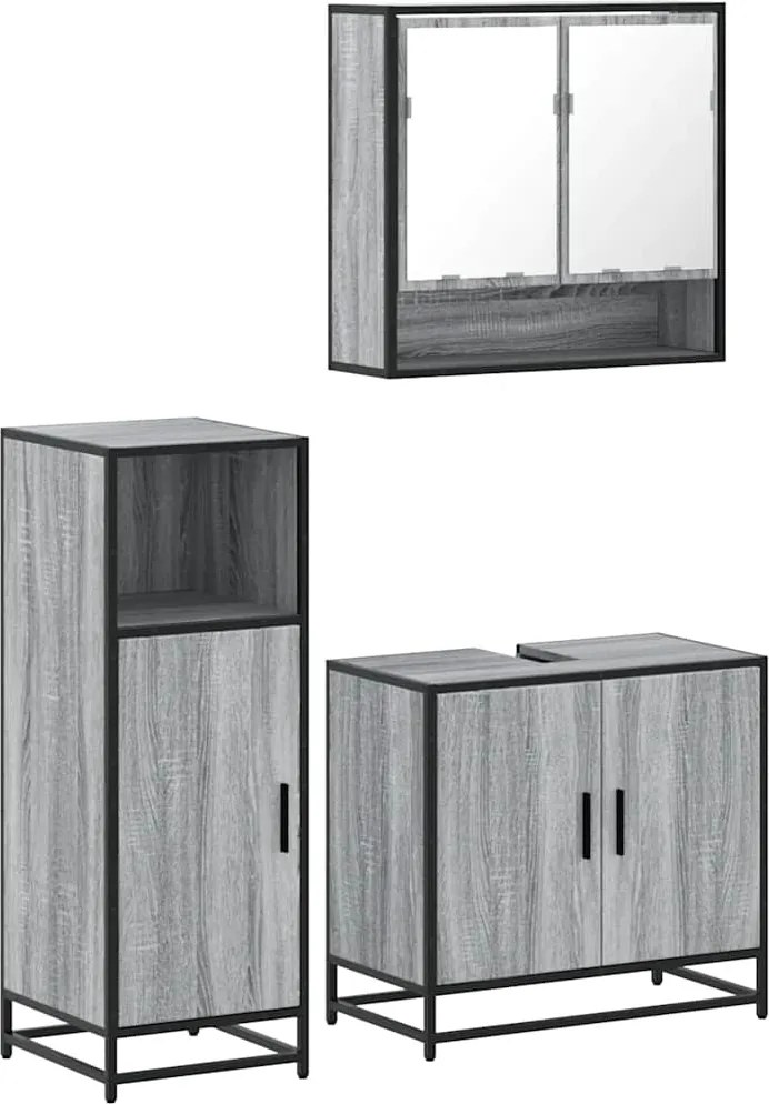 vidaXL Set mobilier de baie, 3 piese, gri sonoma, lemn prelucrat