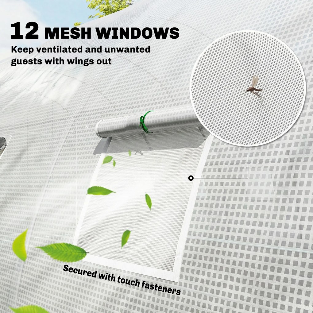 Outsunny Seră tunel cu 2 bare de susținere, 2 uși rulante și ferestre cu plasă, învelitoare din PE anti-UV, alb | Aosom Romania