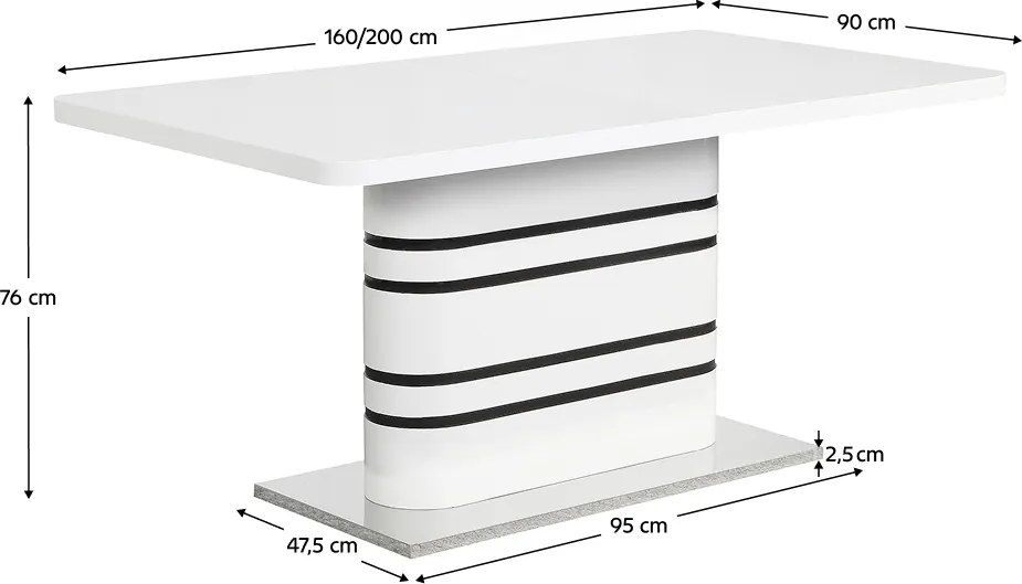 Masă dining extensibilă, alb HG extra lucios/dungi negre, 160-200x90 cm, TUBAL