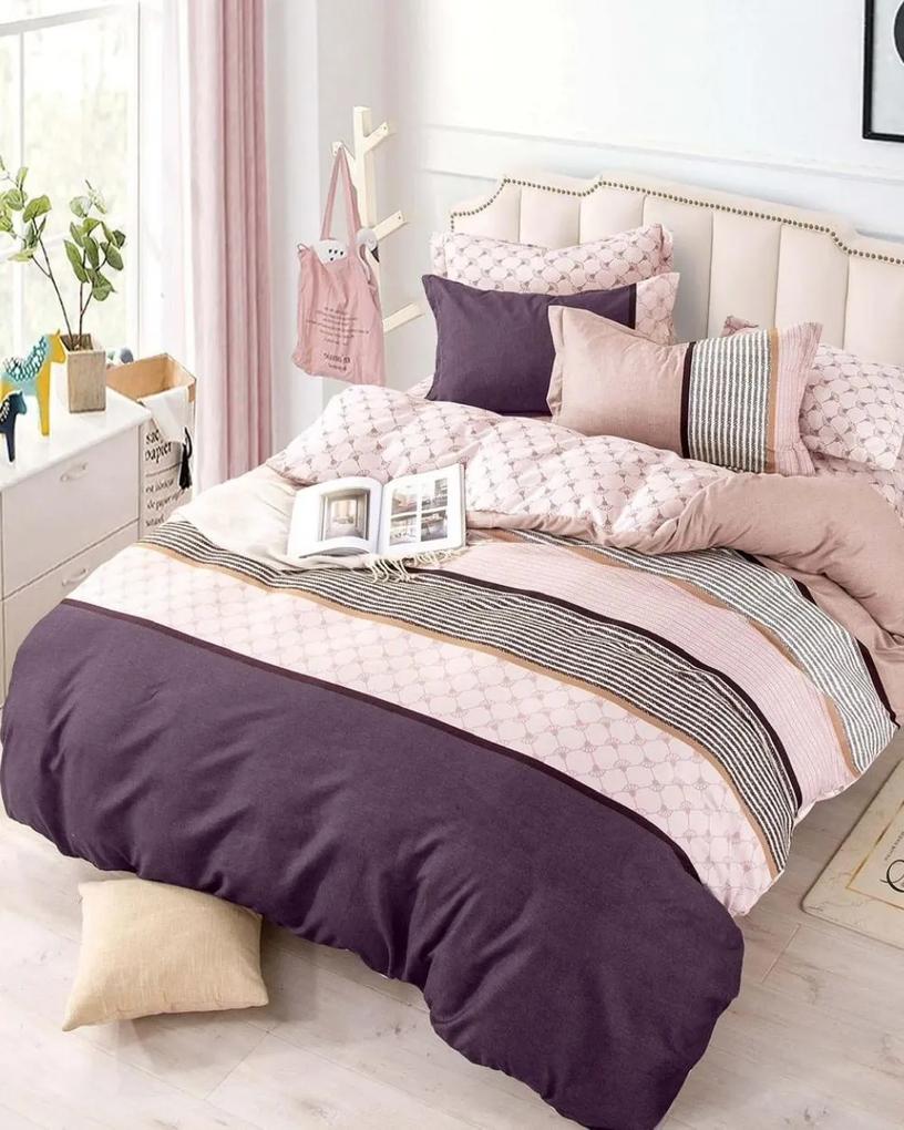 Lenjerie de pat cu elastic, tesatura tip finet, pat 2 persoane, roz pal, 6 piese, FNJE-22