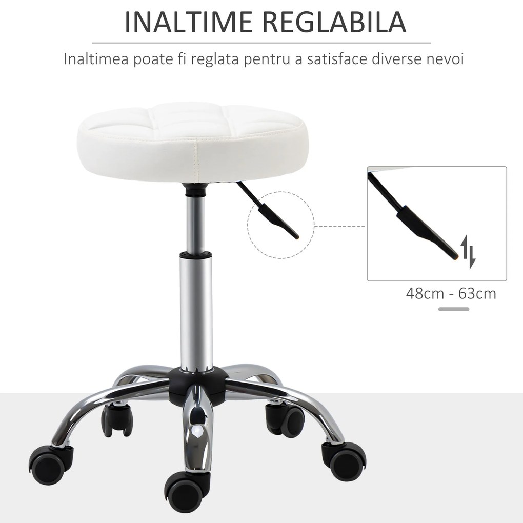 HOMCOM Scaun Rotativ cu Roti, Rotund, Scaun pentru Coafor și Estetician cu Înălțime Ajustabilă, Tapițat în Piele Ecologică, Ø35.5x51-67 cm, Alb