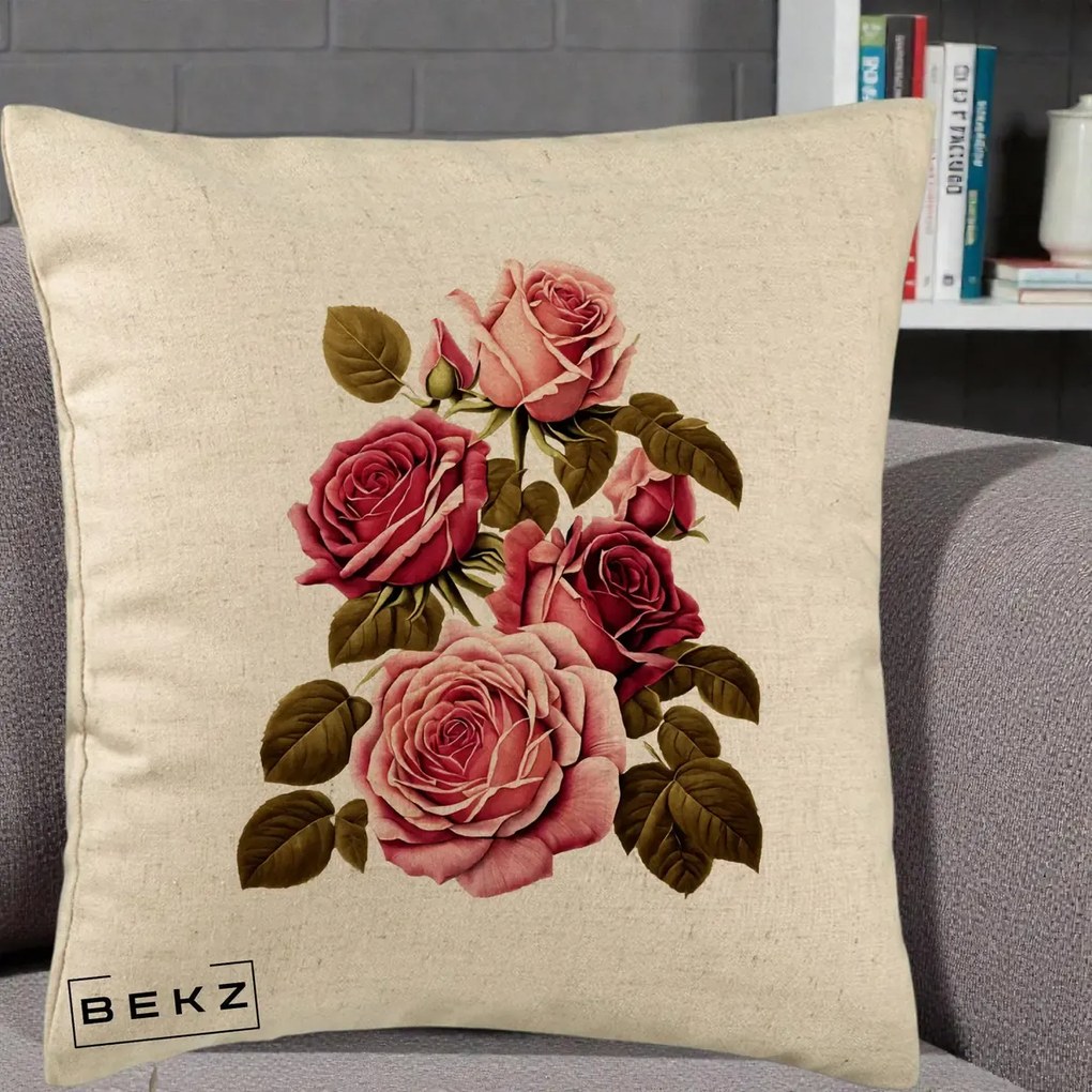 Perna Decorativa Trandafiri Vintage Roz-Rosii, 40x40 cm, Bej, Husa Detasabila, Perna Inclusa, BEKZ®