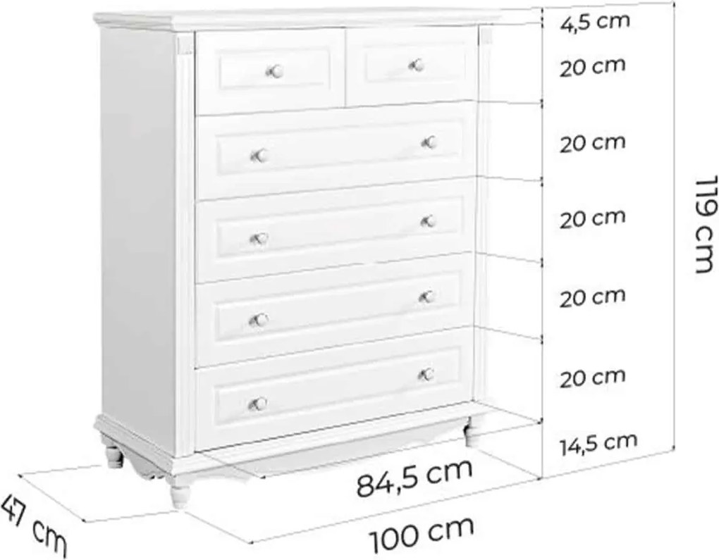 Comodă lemn masiv alb Elizabeth 6 sertare, 100 × 47 × 119 cm