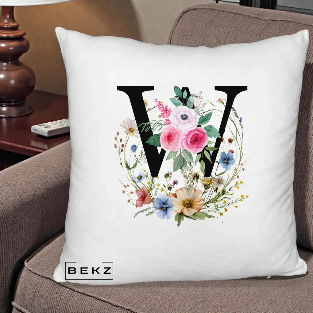 Cadou Personalizat - Perna Personalizata Monograma Florala Litera W, 40x40 cm, Alb Pufos, Husa Detasabila, Perna Inclusa, BEKZ®
