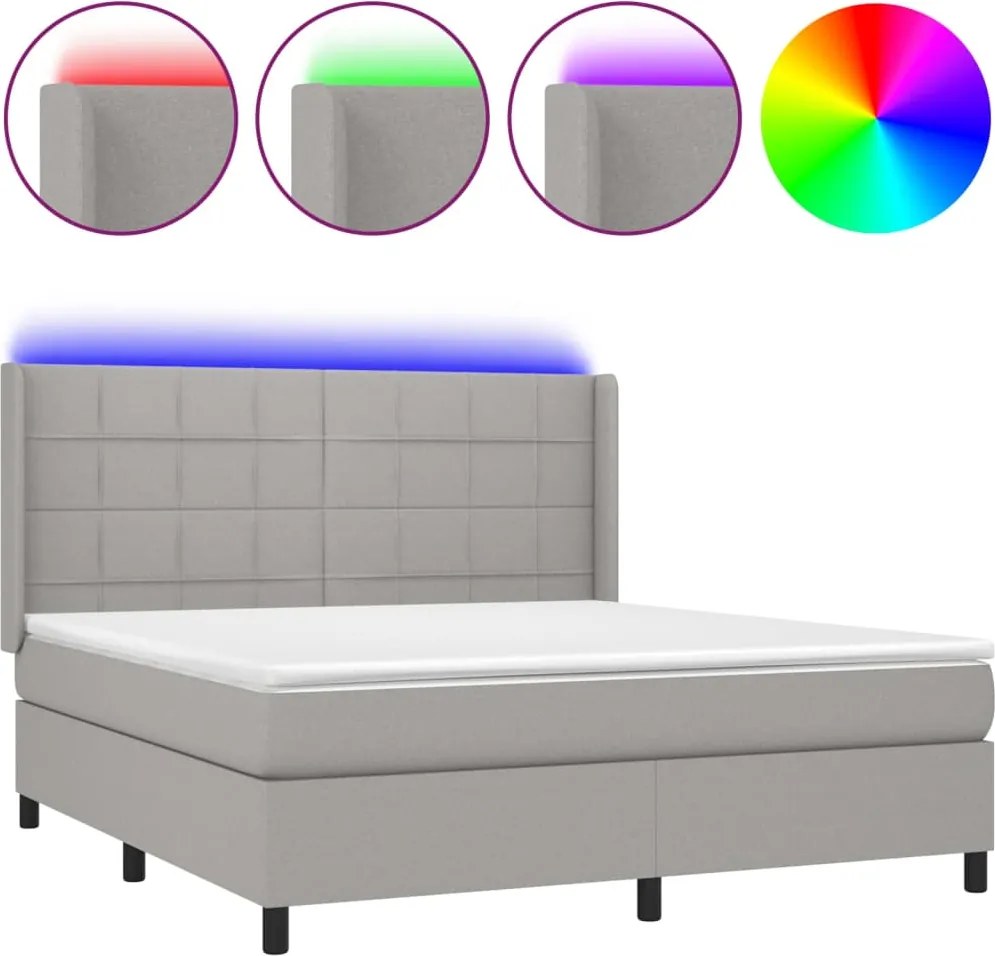 vidaXL Pat cu arcuri, saltea și LED, gri deschis, 180x200 cm, textil