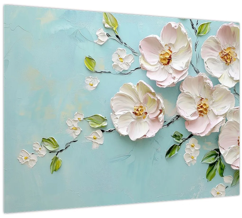 Tablou pe sticlă - Flori pe fundal albastru (70x50 cm)