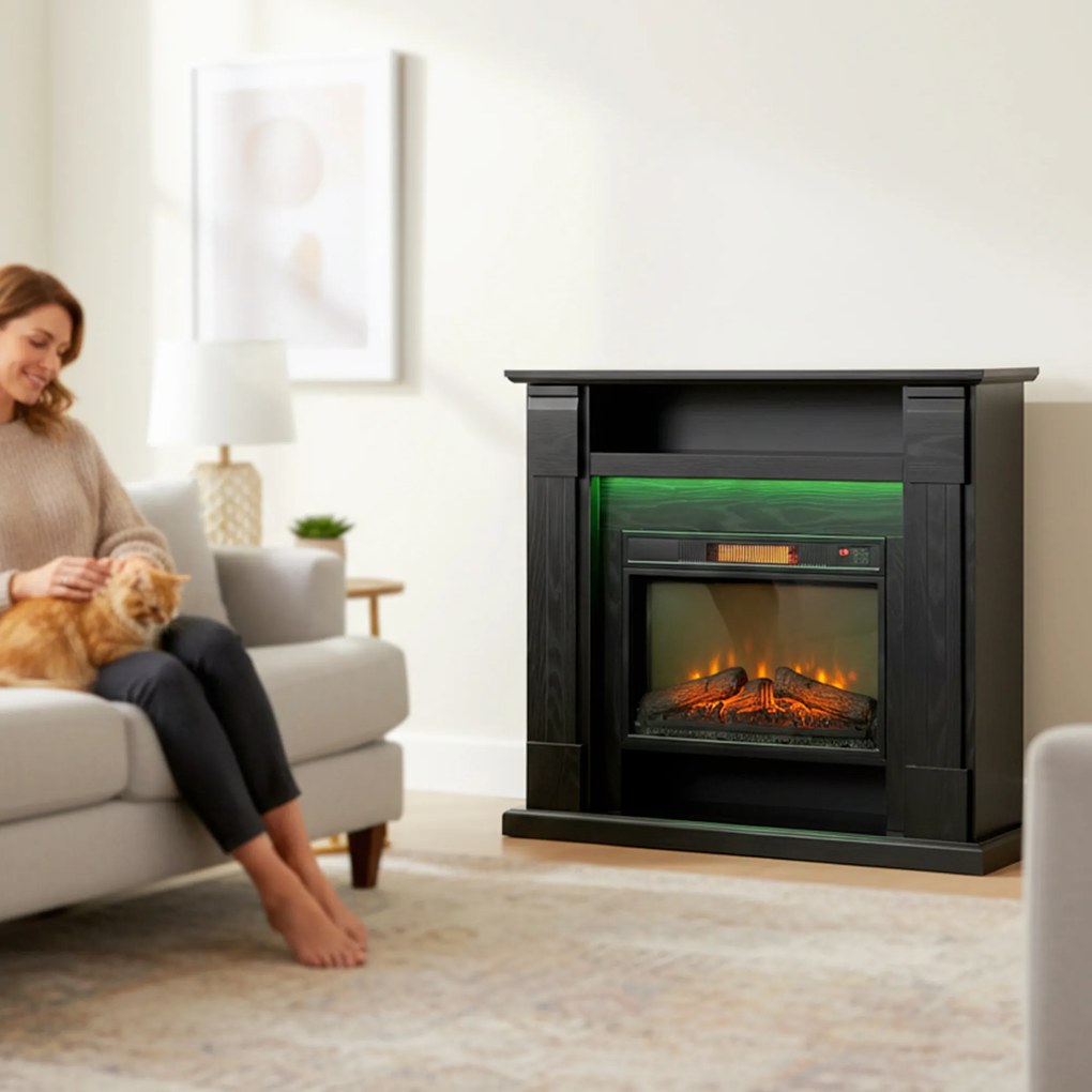 HOMCOM Șemineu Electric Reglabil cu Flacără 3D, Temporizator și Telecomandă Negru | Aosom Romania