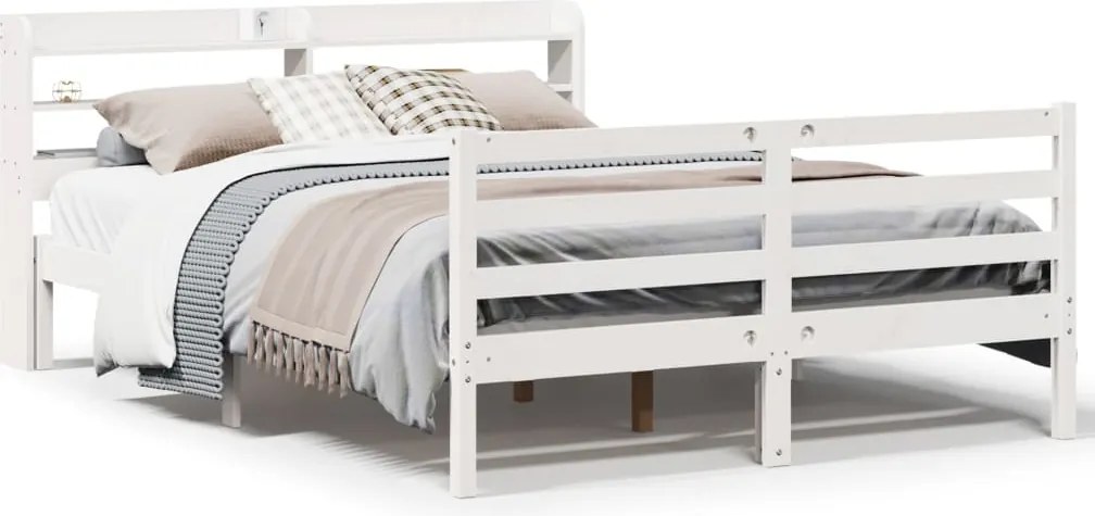 vidaXL Cadru de pat cu tăblie, alb, 135x190 cm, lemn masiv de pin