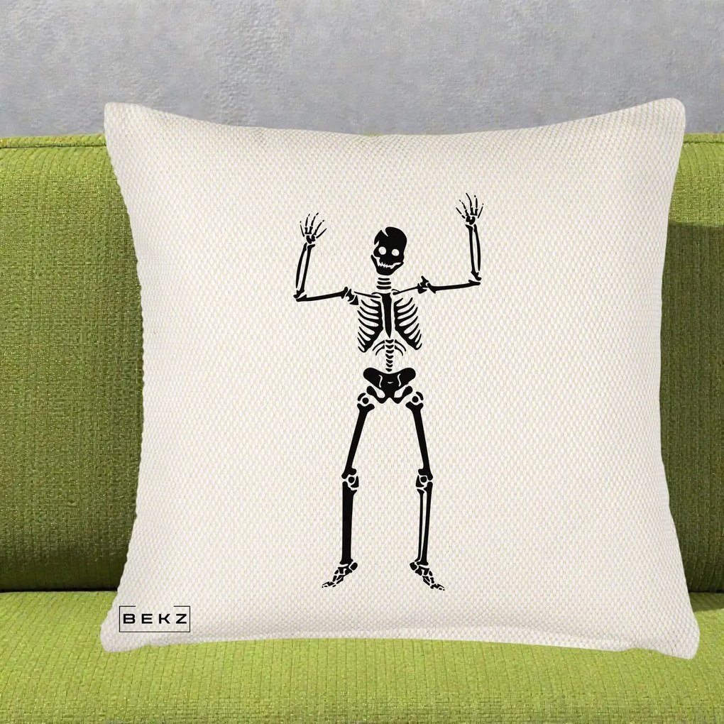 Perna Decorativa Halloween Schelet Dansator, 40x40 cm, Crem Reliefat, Husa Detasabila, Perna Inclusa, BEKZ®