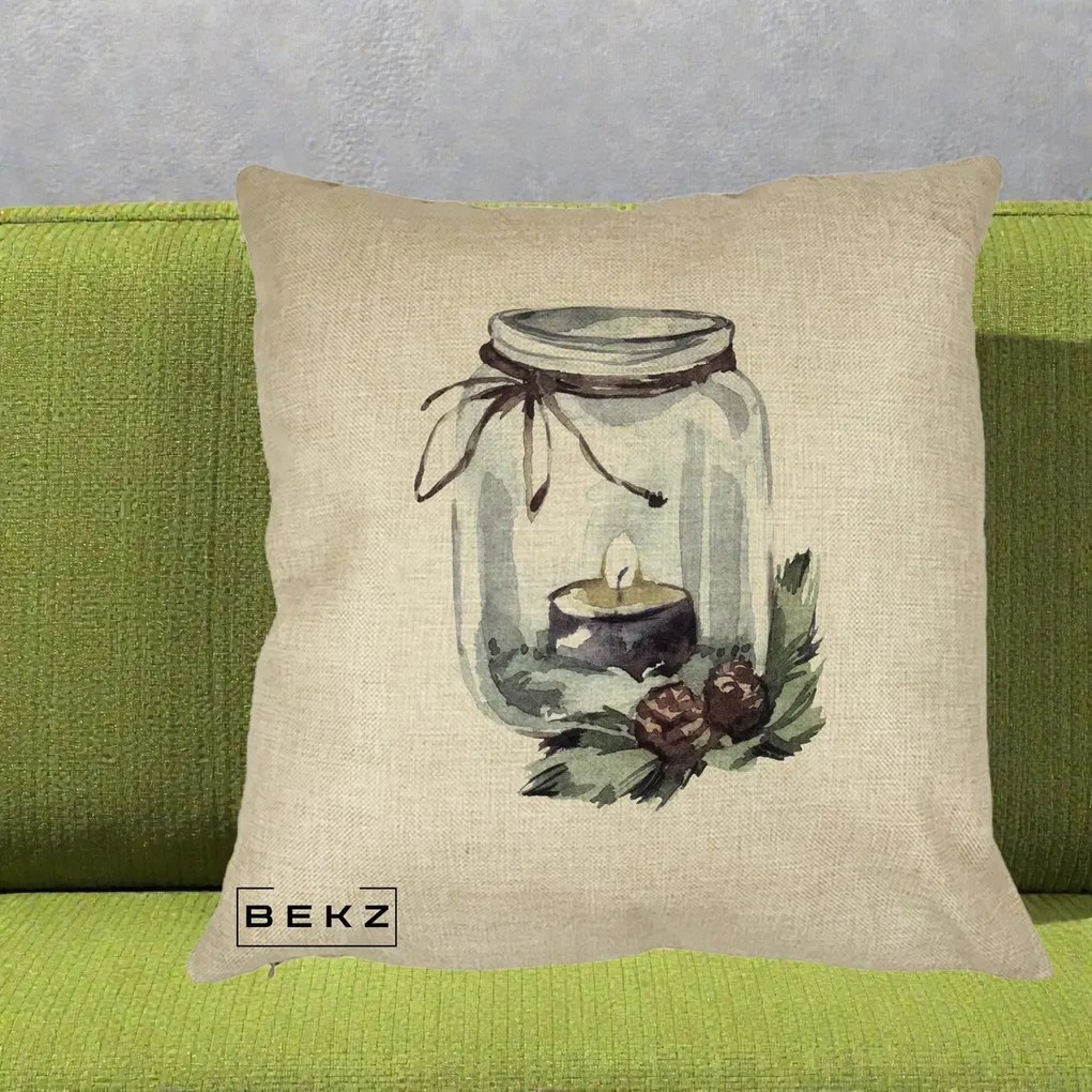 Perna Decorativa Felinar cu Lumanare si Conuri, 40x40 cm, Crem, Husa Detasabila, Perna Inclusa, BEKZ®