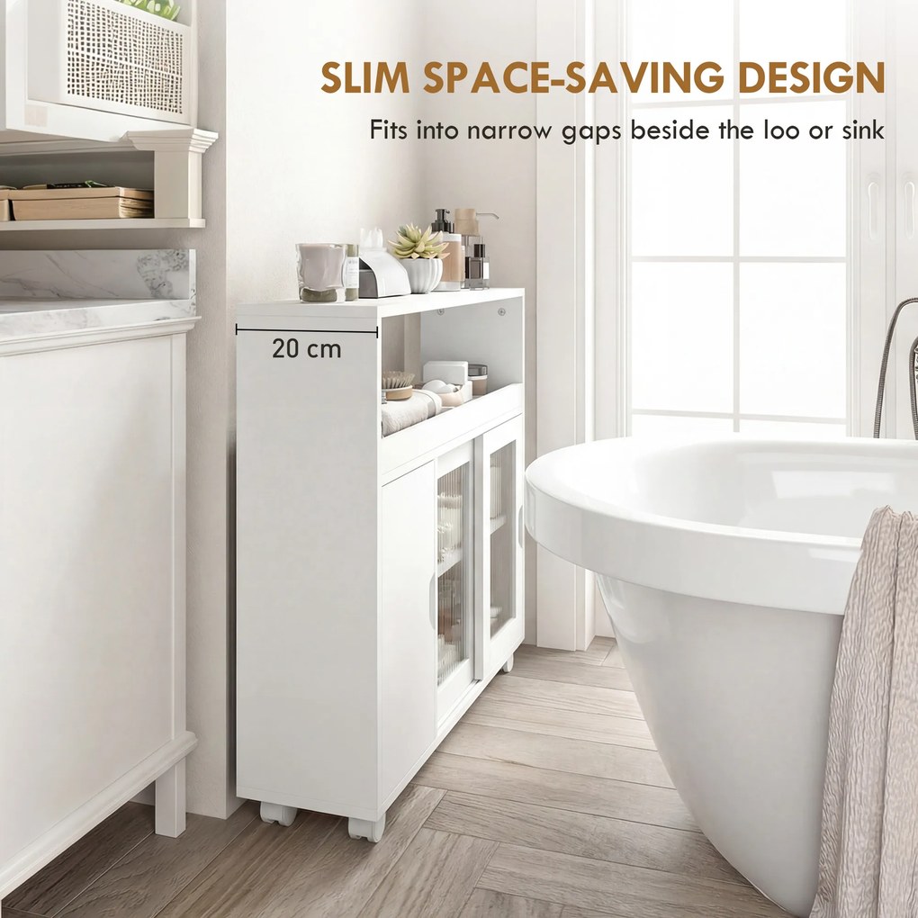 HOMCOM Dulap de Baie cu Roți, Raft Reglabil, Ușă Glisantă din Sticlă Călită, Alb | Aosom Romania