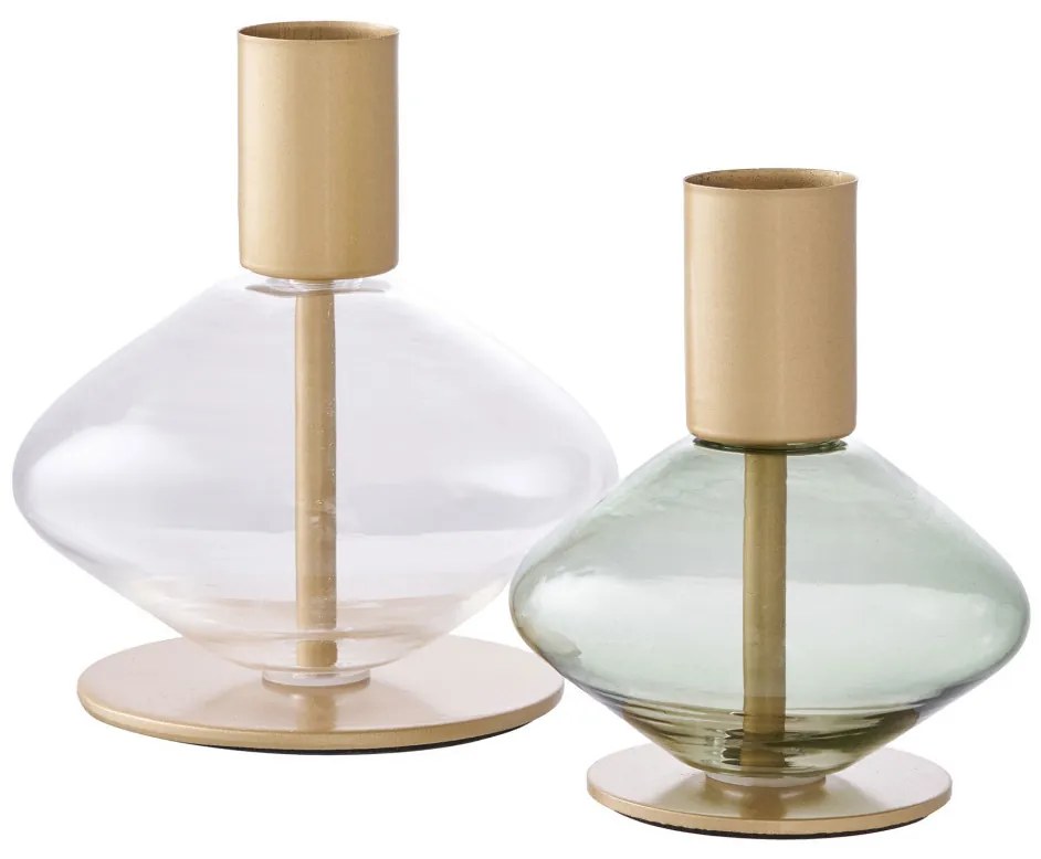 Suport lumânare, sticlă/metal, transparent/verde 2 buc