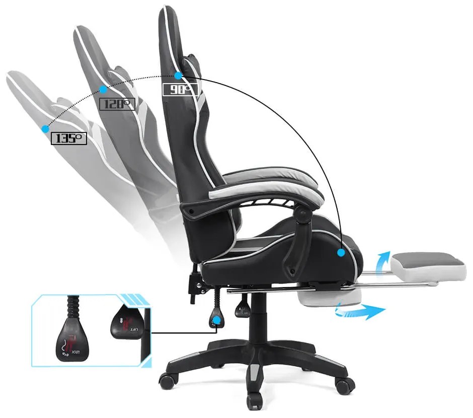 Scaun gaming din piele sintetică cu suport pentru picioare OFF 299 alb cu negru