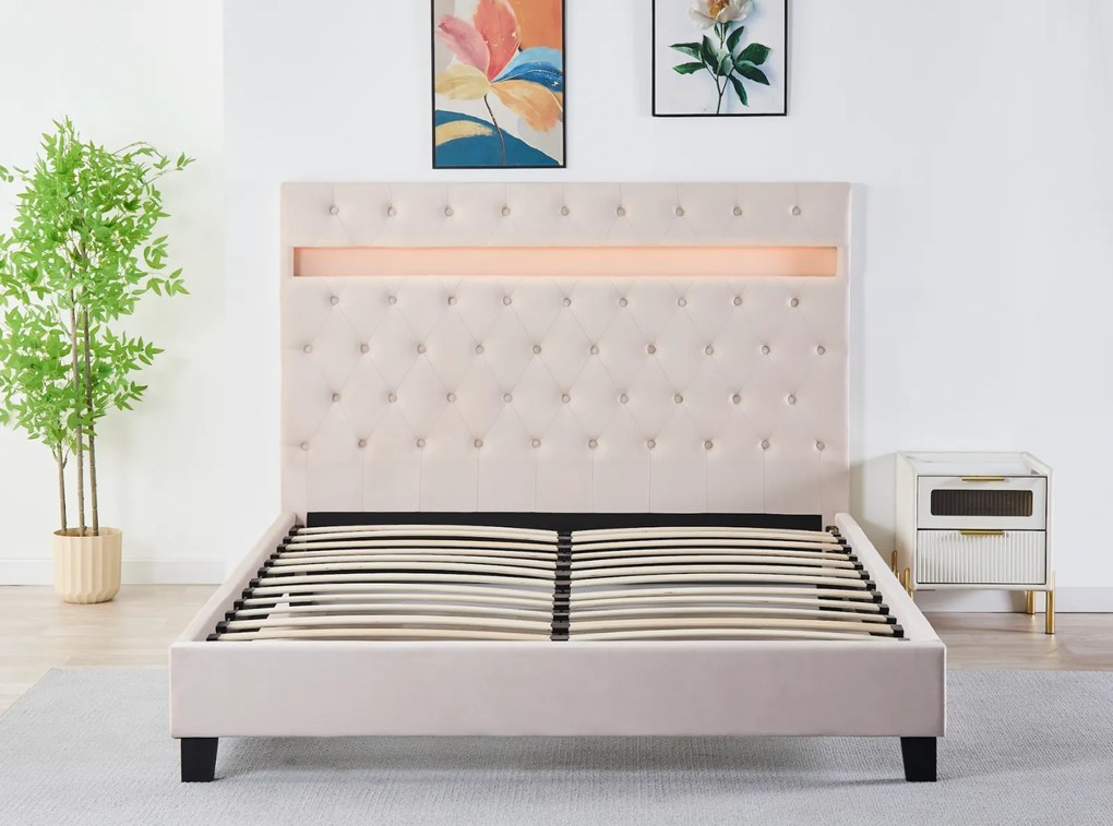 Pat Tapitat Catifea cu Iluminare LED, Somiera si Saltea Inclusa ,   Bej 160x200 cm   Cod FB-18